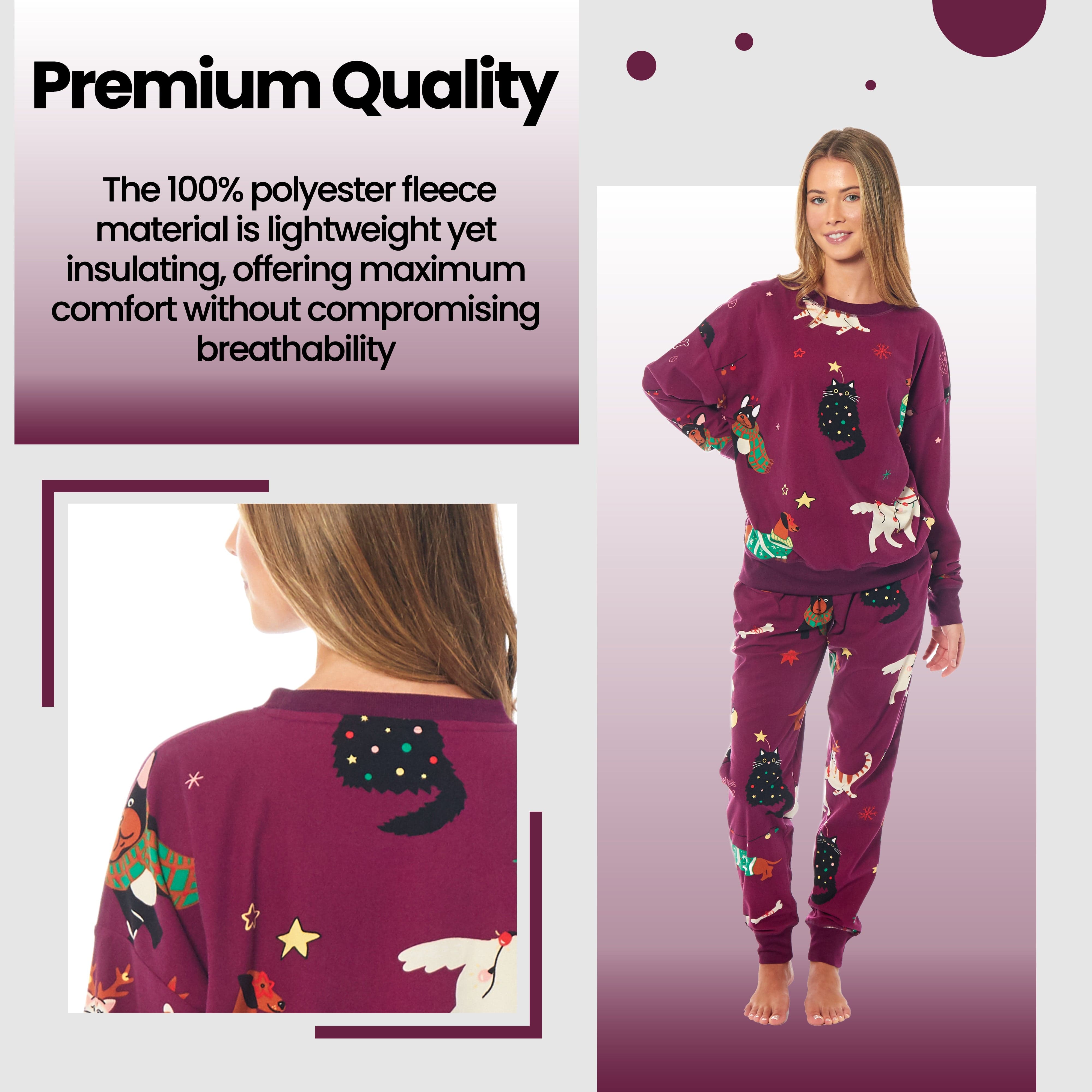 Women's Cat And Dog Print Fleece Pyjama Set Long Sleeve Sleepwear