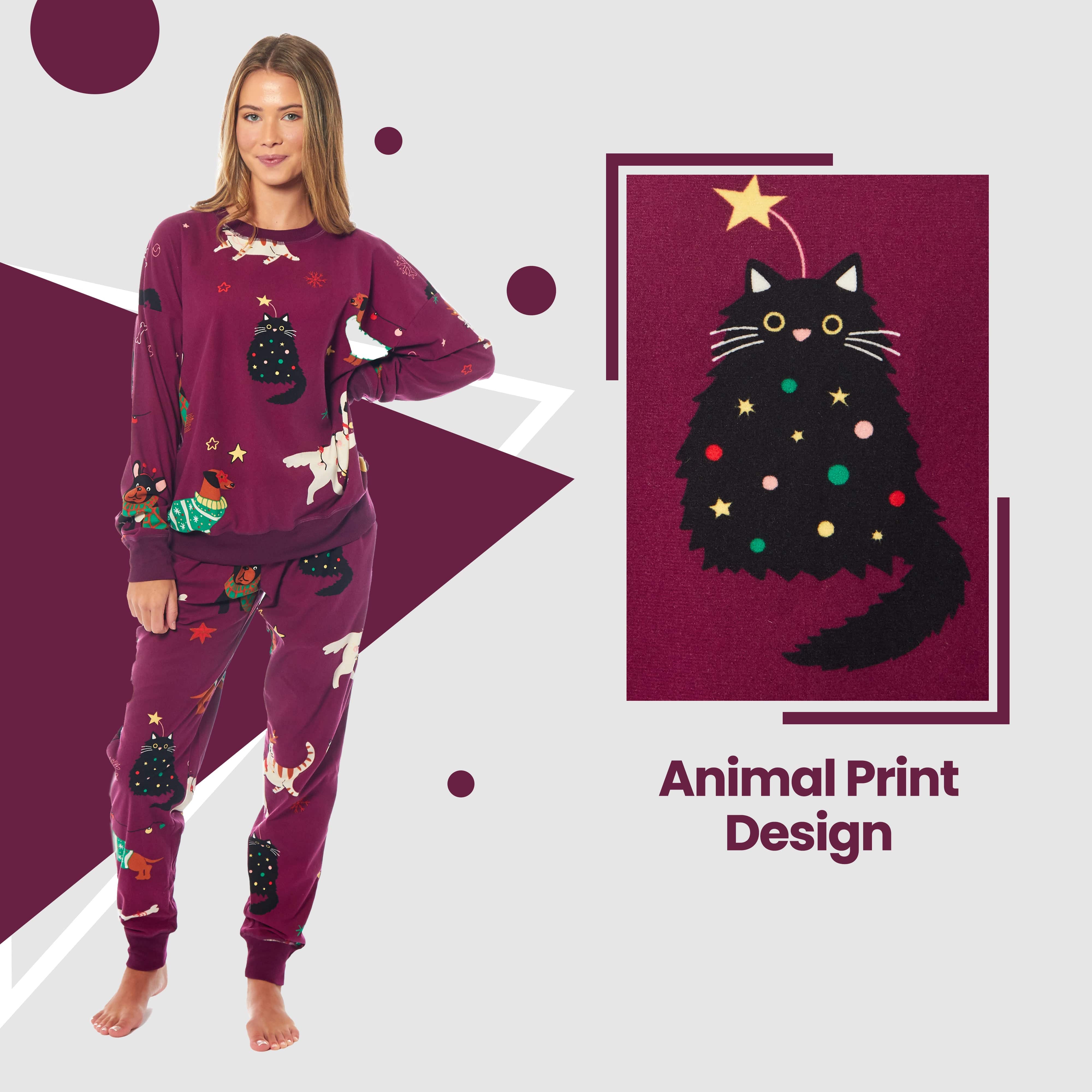 Women's Cat And Dog Print Fleece Pyjama Set Long Sleeve Sleepwear