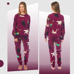 Women's Cat And Dog Print Fleece Pyjama Set Long Sleeve Sleepwear