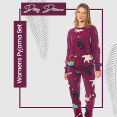 Women's Cat And Dog Print Fleece Pyjama Set Long Sleeve Sleepwear