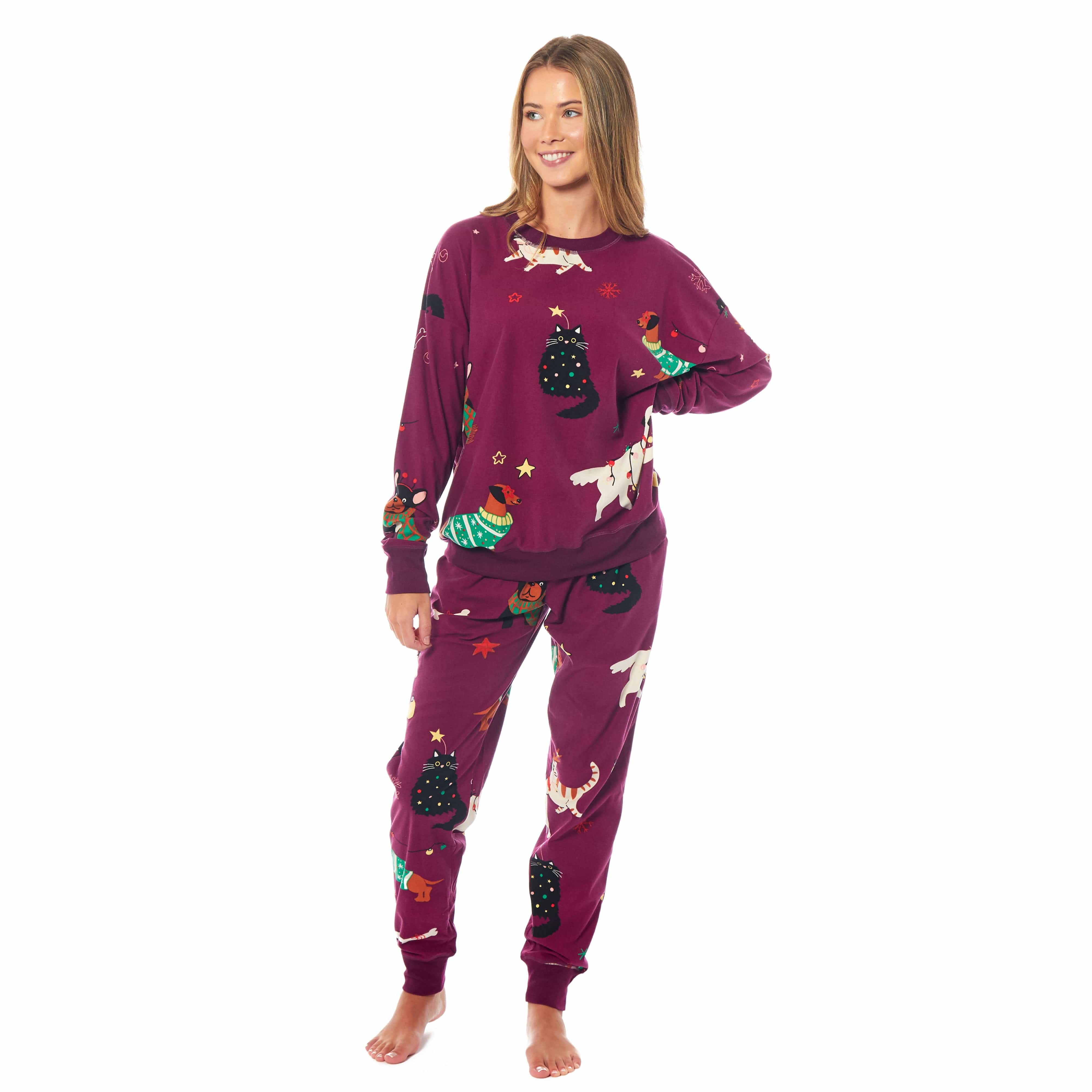 Women's Cat And Dog Print Fleece Pyjama Set Long Sleeve Sleepwear
