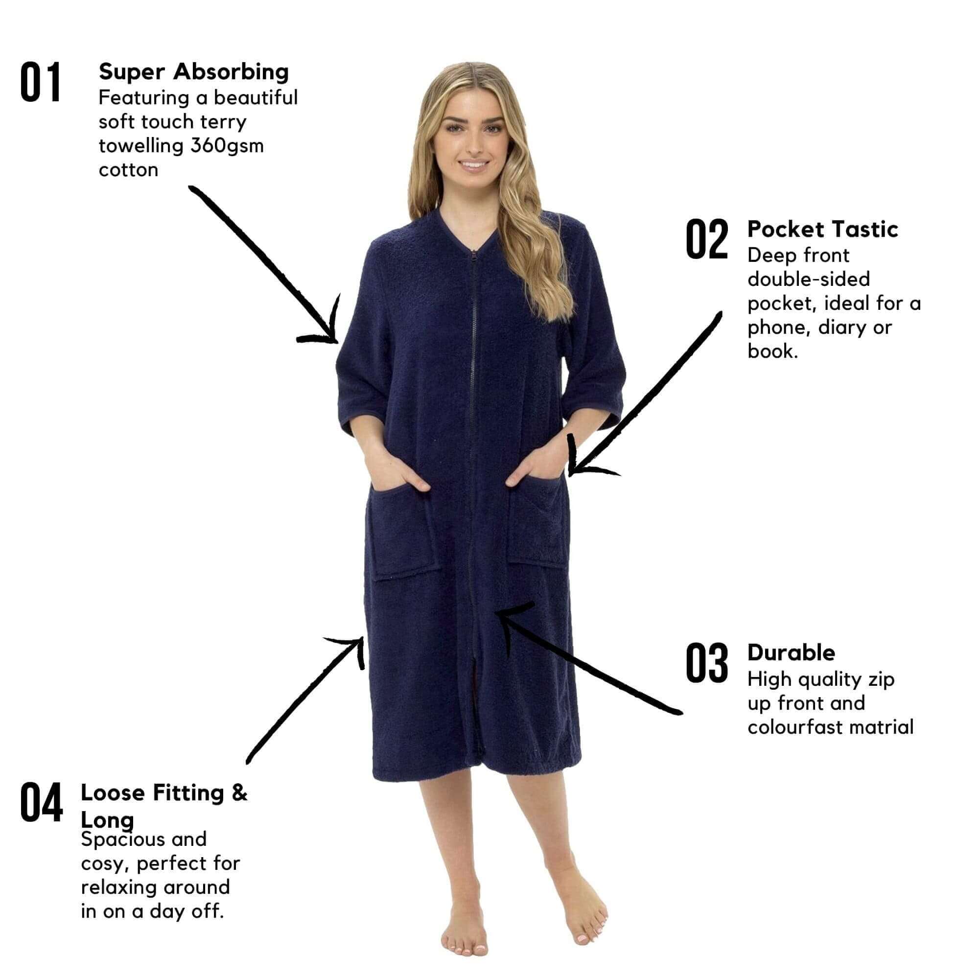 Women's Terry Towelling Bath Robe Zip Through 100% Cotton Ultra Absorbent