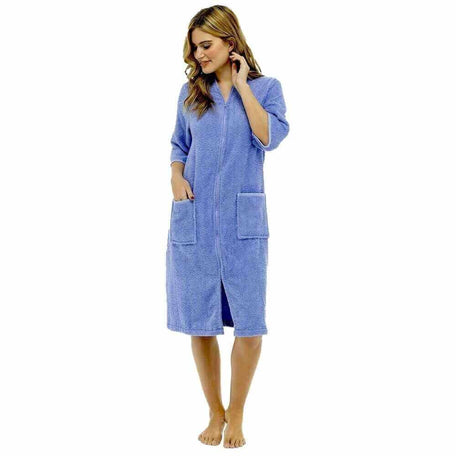 Women's Terry Towelling Bath Robe Zip Through 100% Cotton Ultra Absorbent