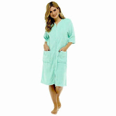 Women's Terry Towelling Bath Robe Zip Through 100% Cotton Ultra Absorbent