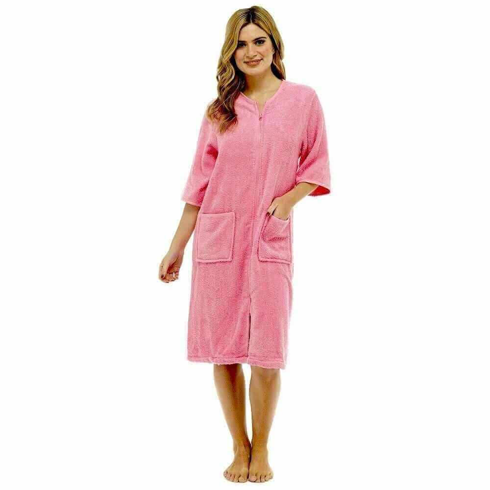 Women's Terry Towelling Bath Robe Zip Through 100% Cotton Ultra Absorbent
