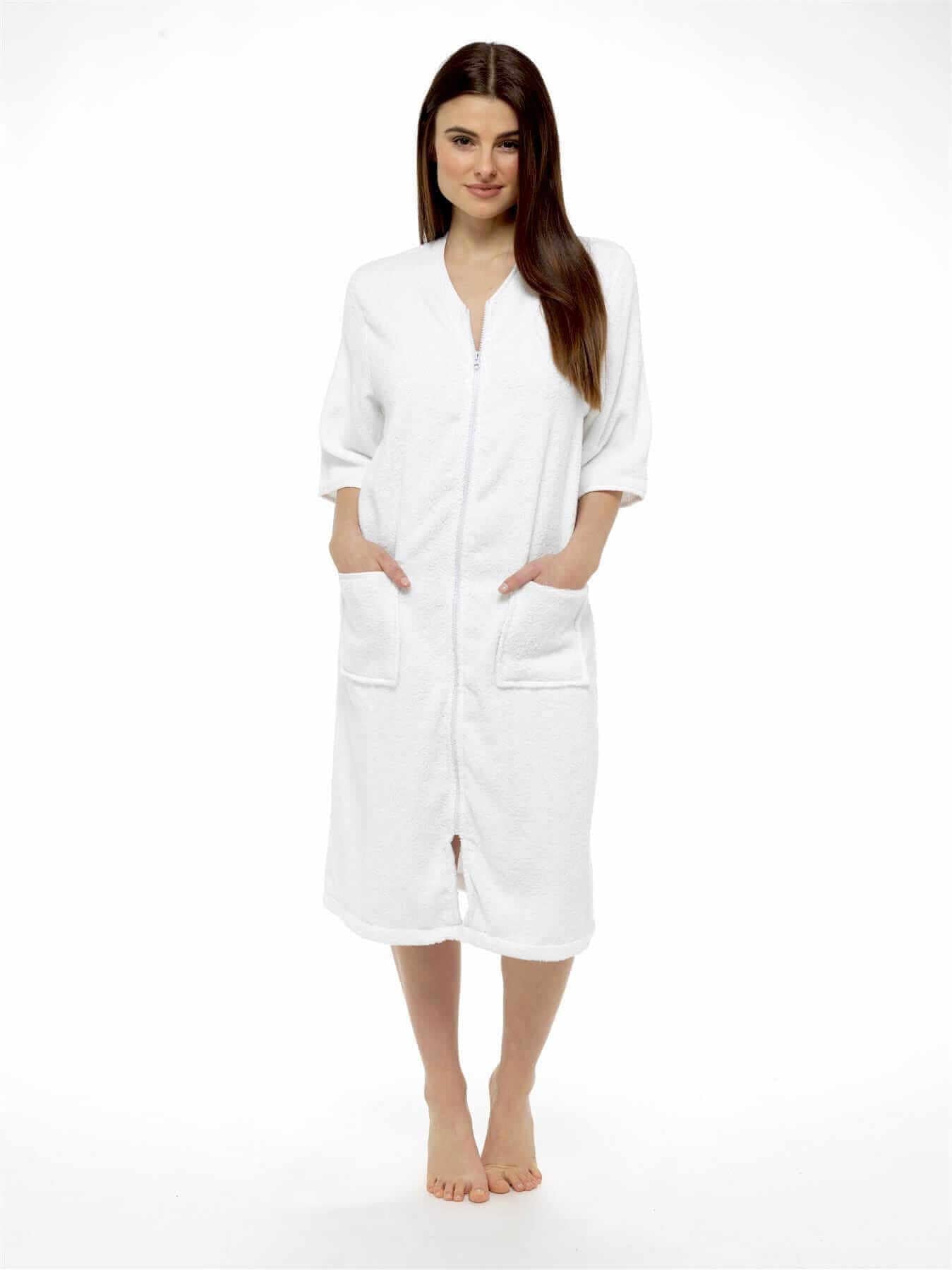 Women's Terry Towelling Bath Robe Zip Through 100% Cotton Ultra Absorbent