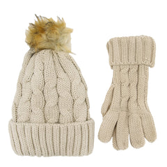 Women's Cream Chunky Knit Winter Hat And Gloves Set With Faux Fur Pom