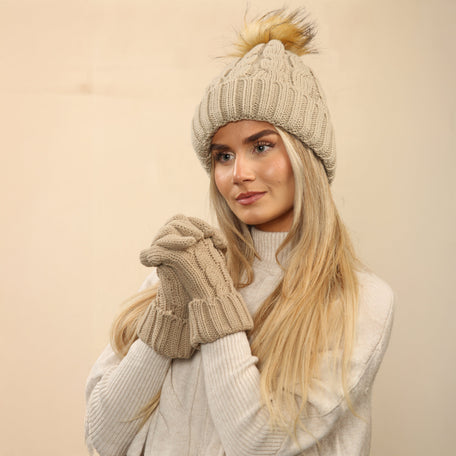Women's Cream Chunky Knit Winter Hat And Gloves Set With Faux Fur Pom