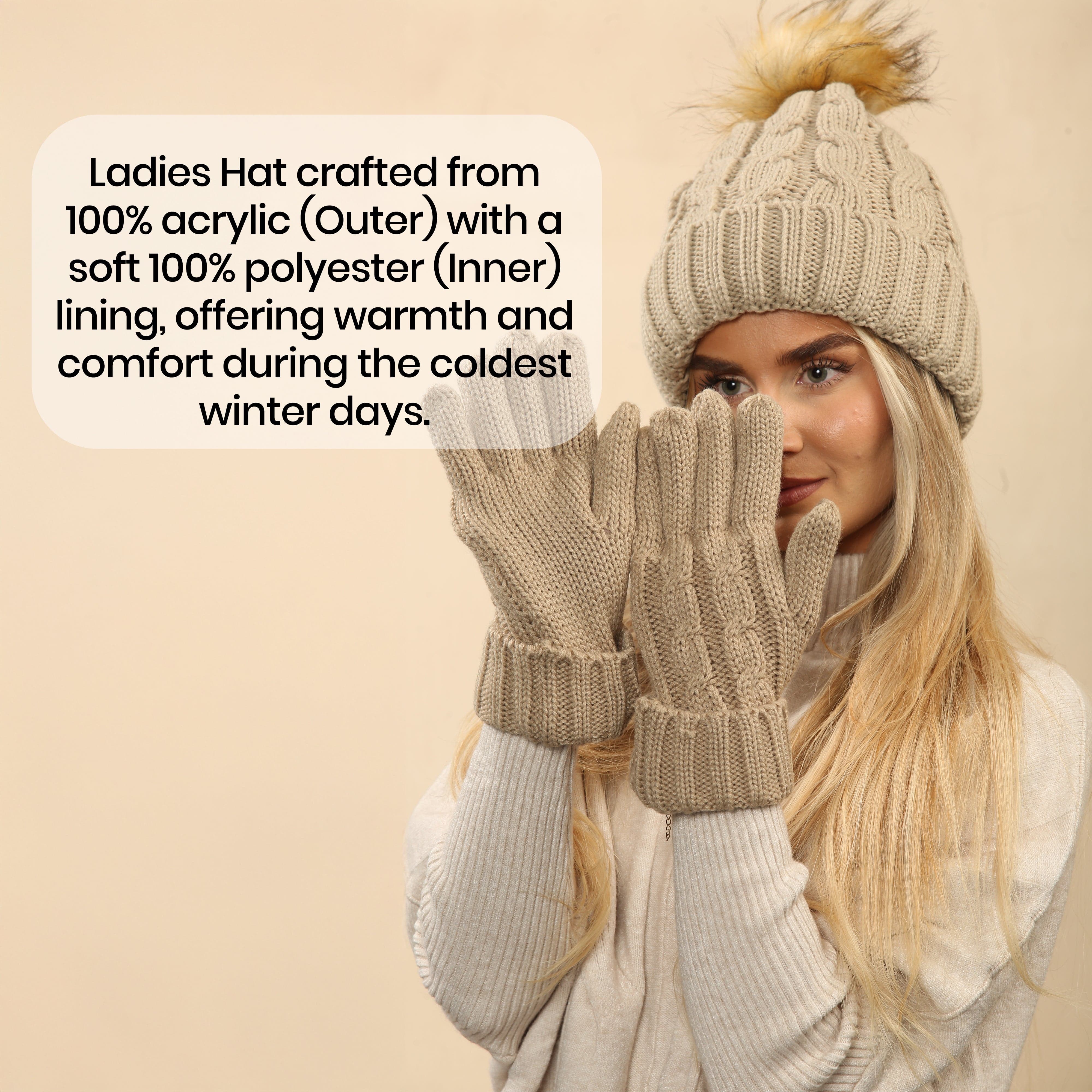 Women's Cream Chunky Knit Winter Hat And Gloves Set With Faux Fur Pom