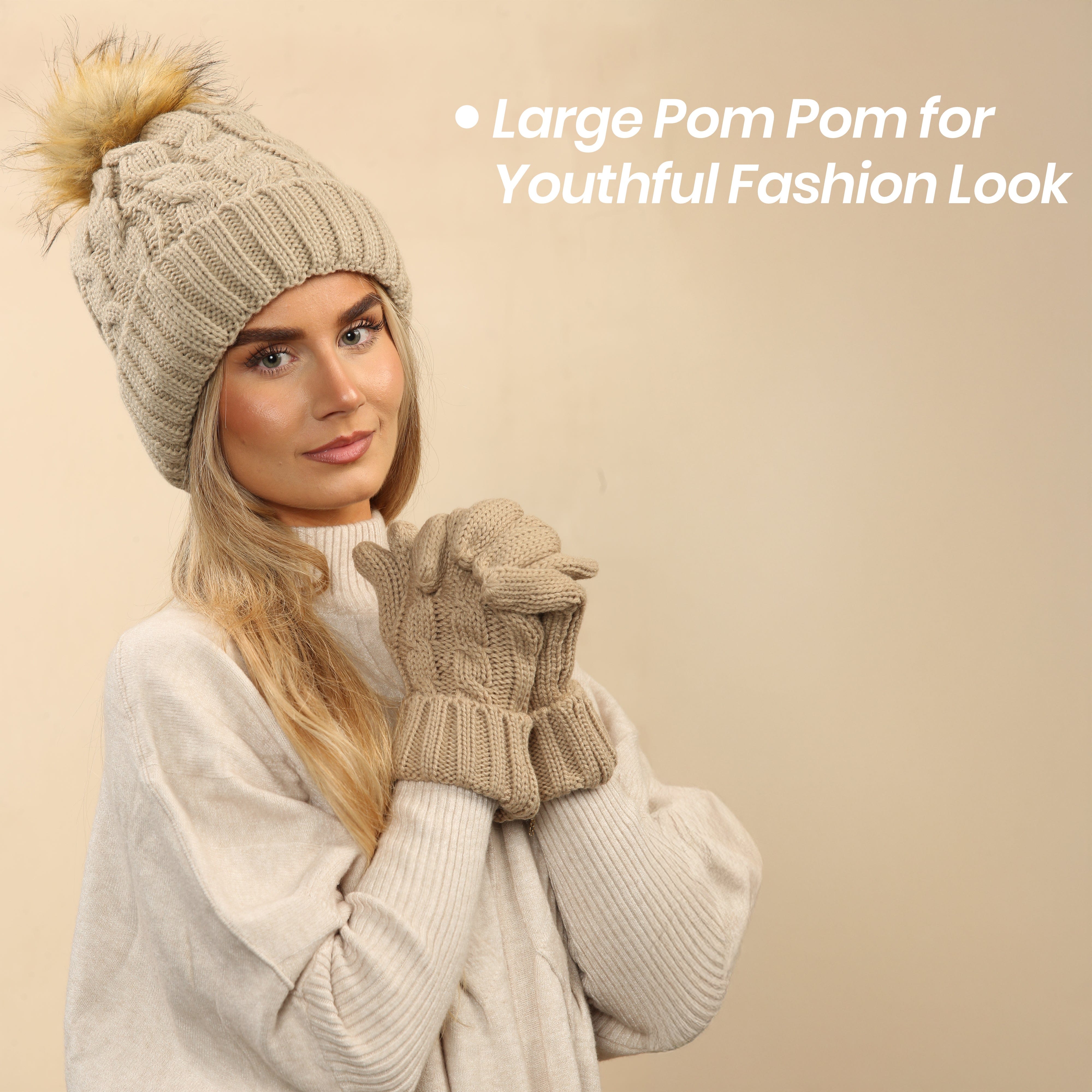 Women's Cream Chunky Knit Winter Hat And Gloves Set With Faux Fur Pom
