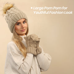 Women's Cream Chunky Knit Winter Hat And Gloves Set With Faux Fur Pom