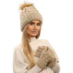 Women's Cream Chunky Knit Winter Hat And Gloves Set With Faux Fur Pom
