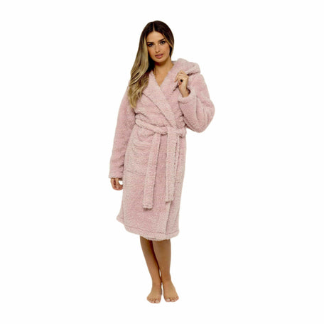 Women's Dusky Pink Teddy Fleece Hooded Robe Bathrobe Ultra Soft Cosy Winter