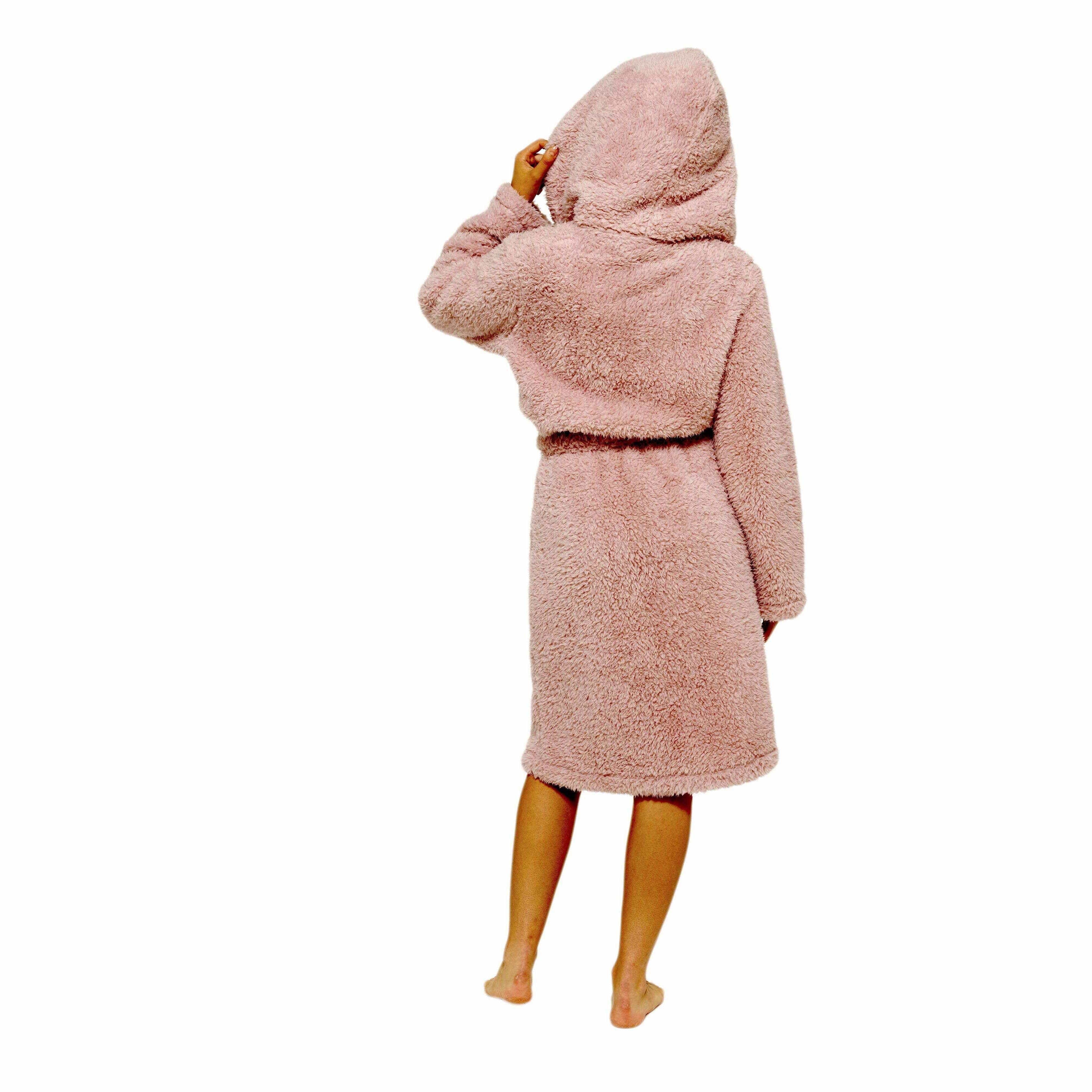 Women's Dusky Pink Teddy Fleece Hooded Robe Bathrobe Ultra Soft Cosy Winter