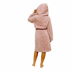 Women's Dusky Pink Teddy Fleece Hooded Robe Bathrobe Ultra Soft Cosy Winter