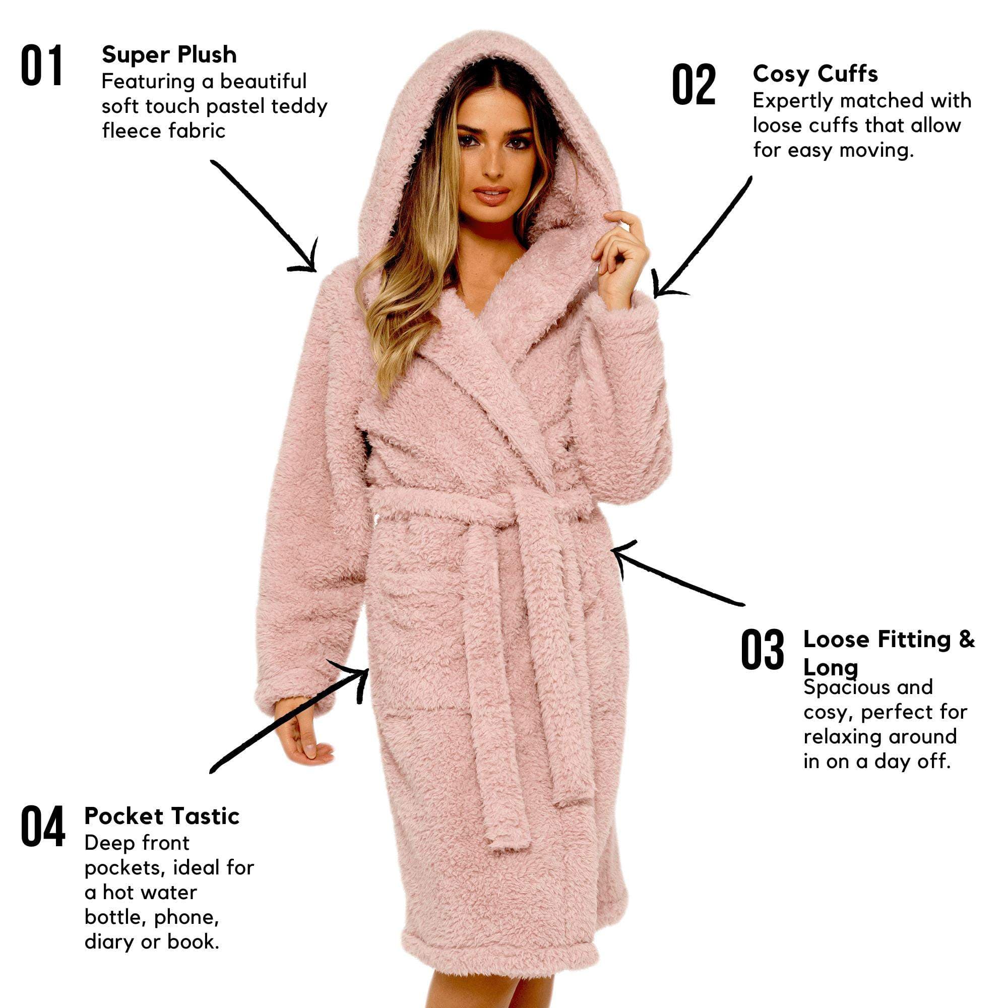 Women's Dusky Pink Teddy Fleece Hooded Robe Bathrobe Ultra Soft Cosy Winter