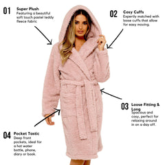 Women's Dusky Pink Teddy Fleece Hooded Robe Bathrobe Ultra Soft Cosy Winter