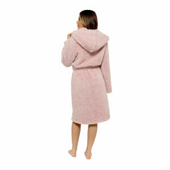 Women's Dusky Pink Teddy Fleece Hooded Robe Bathrobe Ultra Soft Cosy Winter