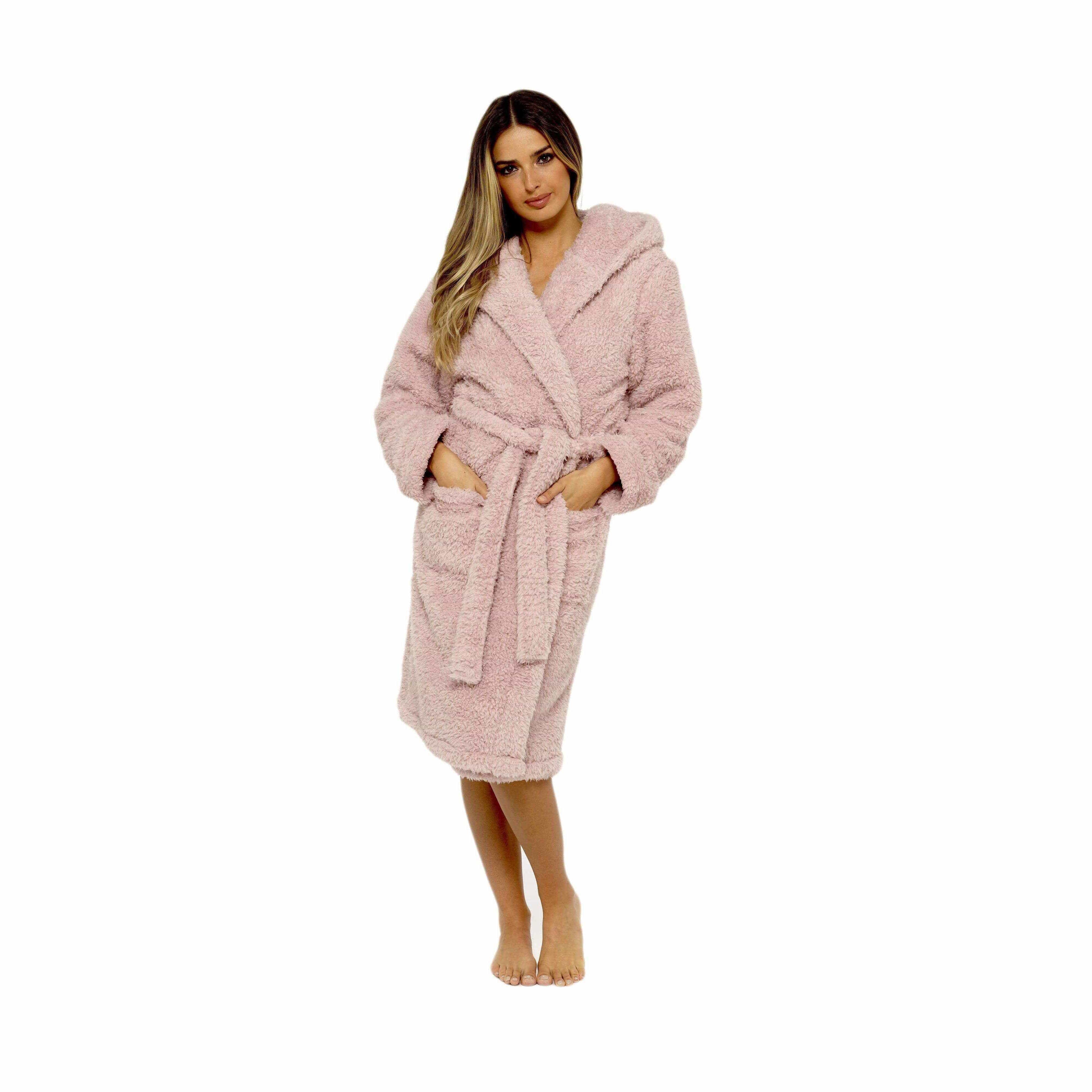 Women's Dusky Pink Teddy Fleece Hooded Robe Bathrobe Ultra Soft Cosy Winter