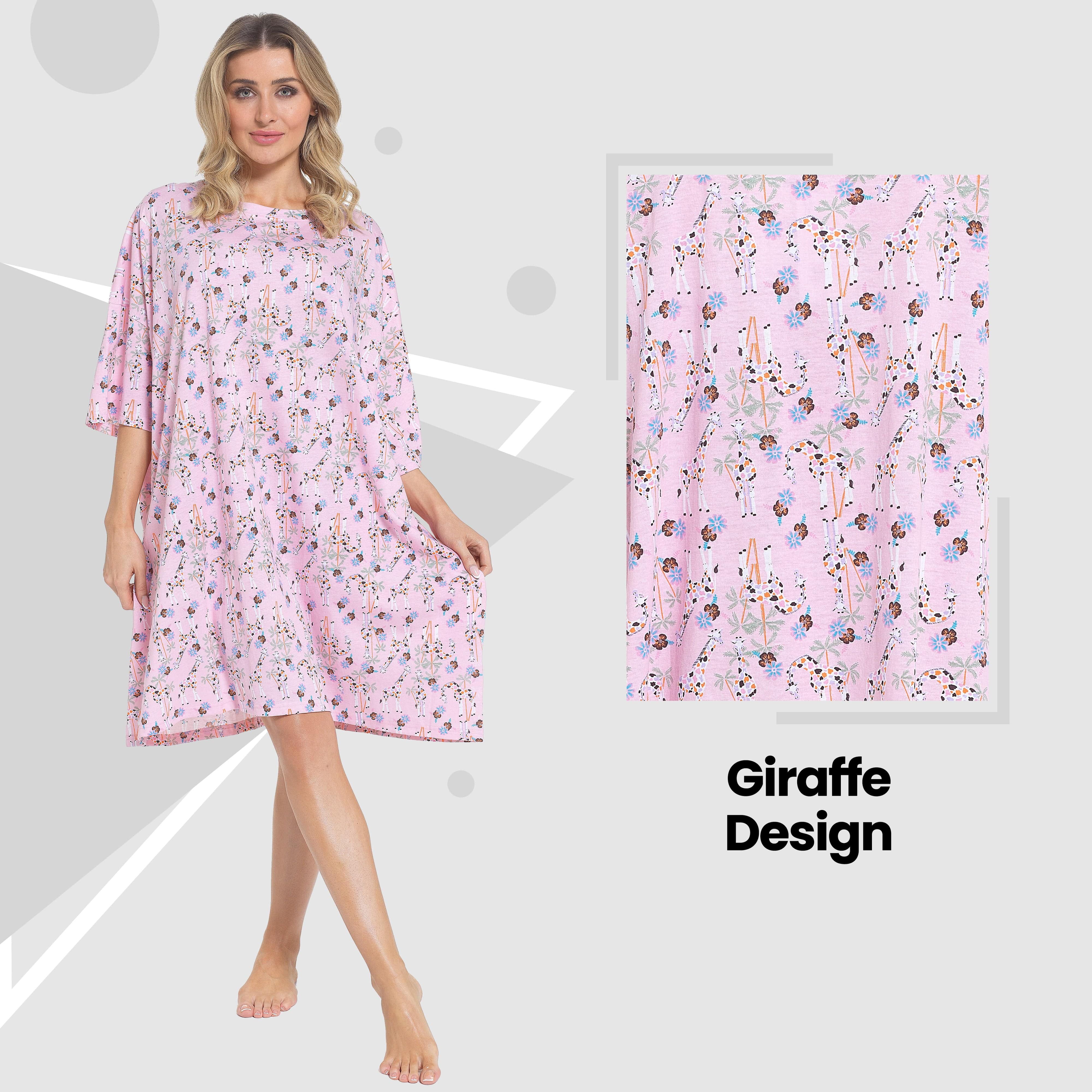 Women's Giraffe Print Nighty Dress Baggy Oversized 100% Cotton Short Sleeved