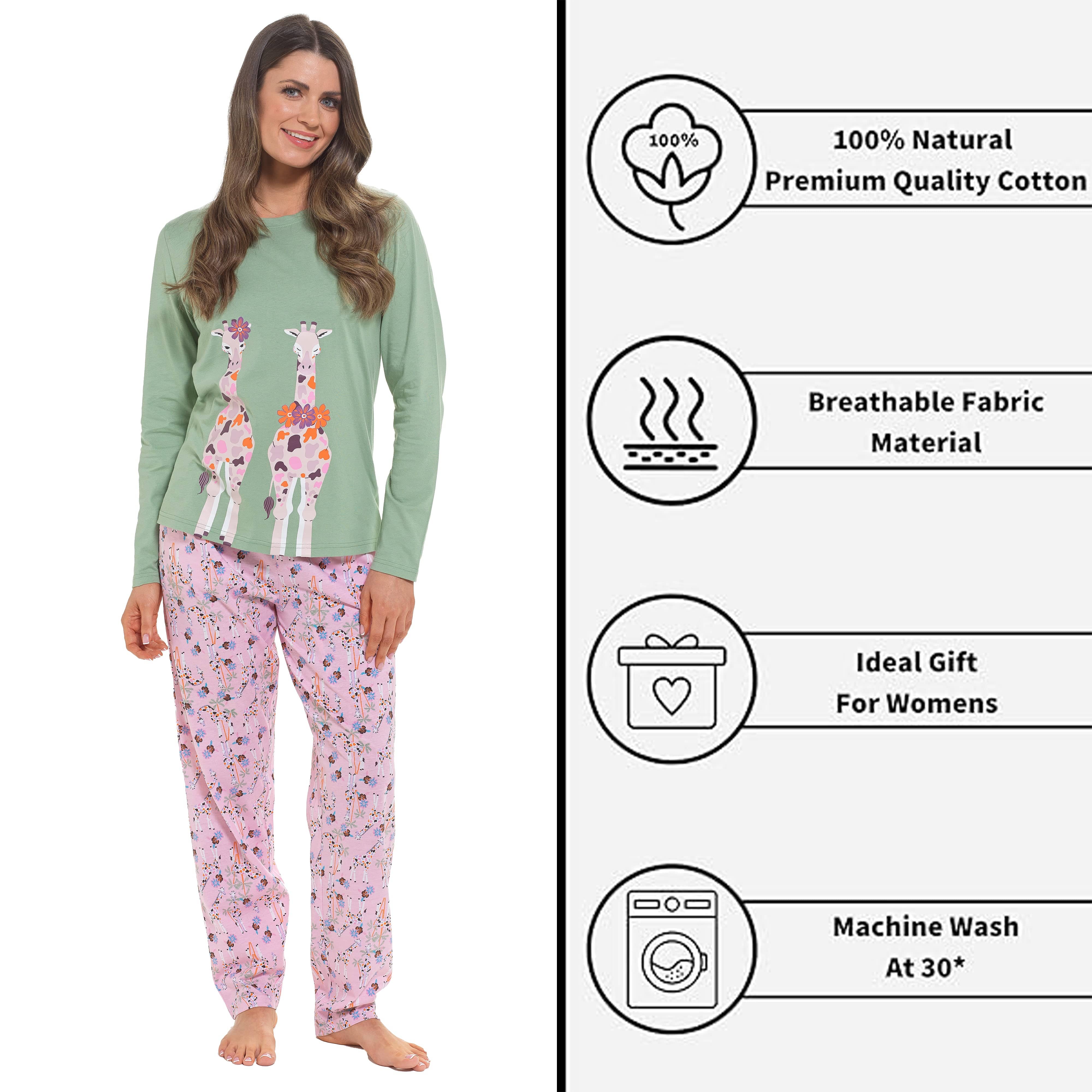 Women's Giraffe Cotton Jersey Long Sleeve Pyjama Set For Comfortable