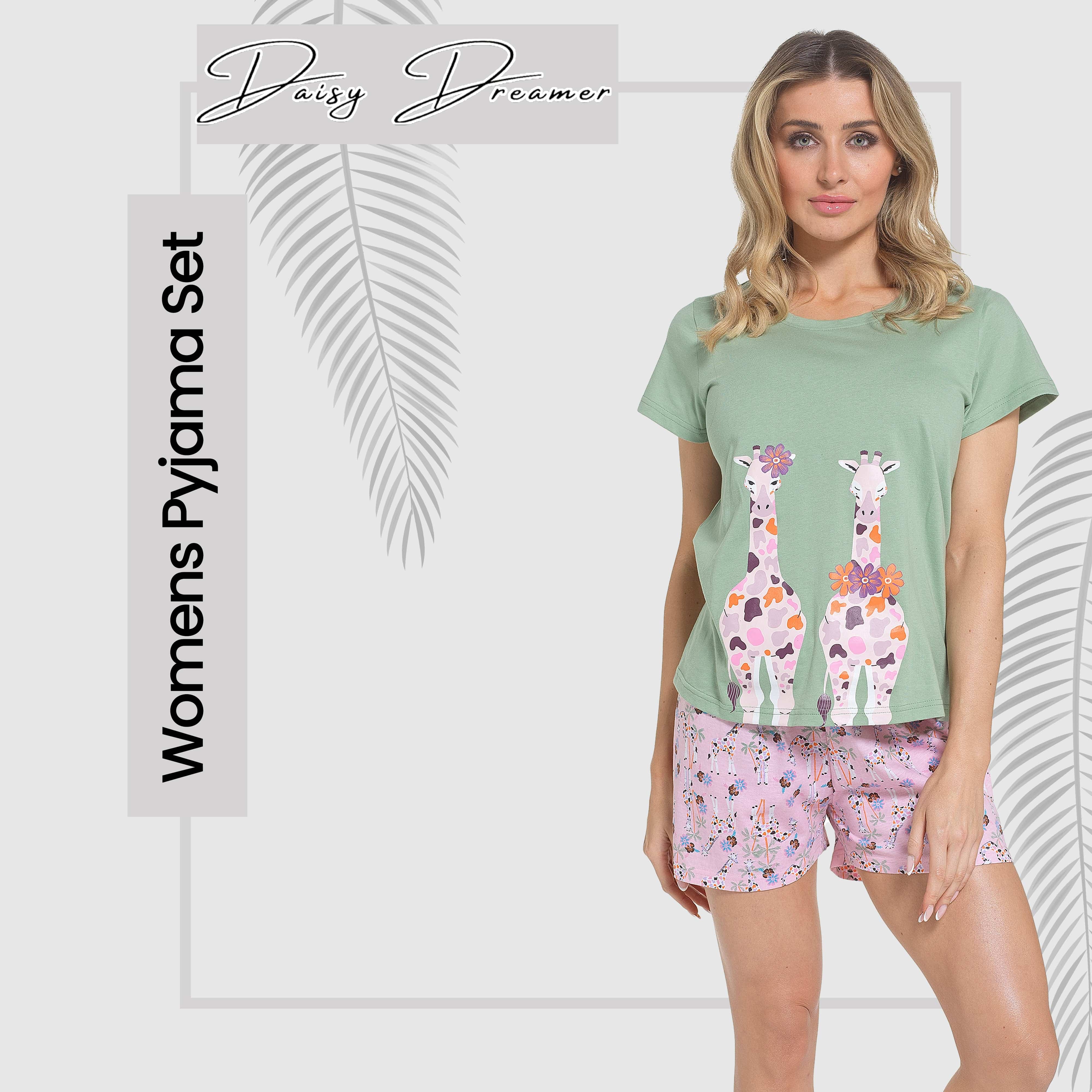 Women's Giraffe Print Pyjama Set T Shirt And Shorts Soft Cotton Loungewear