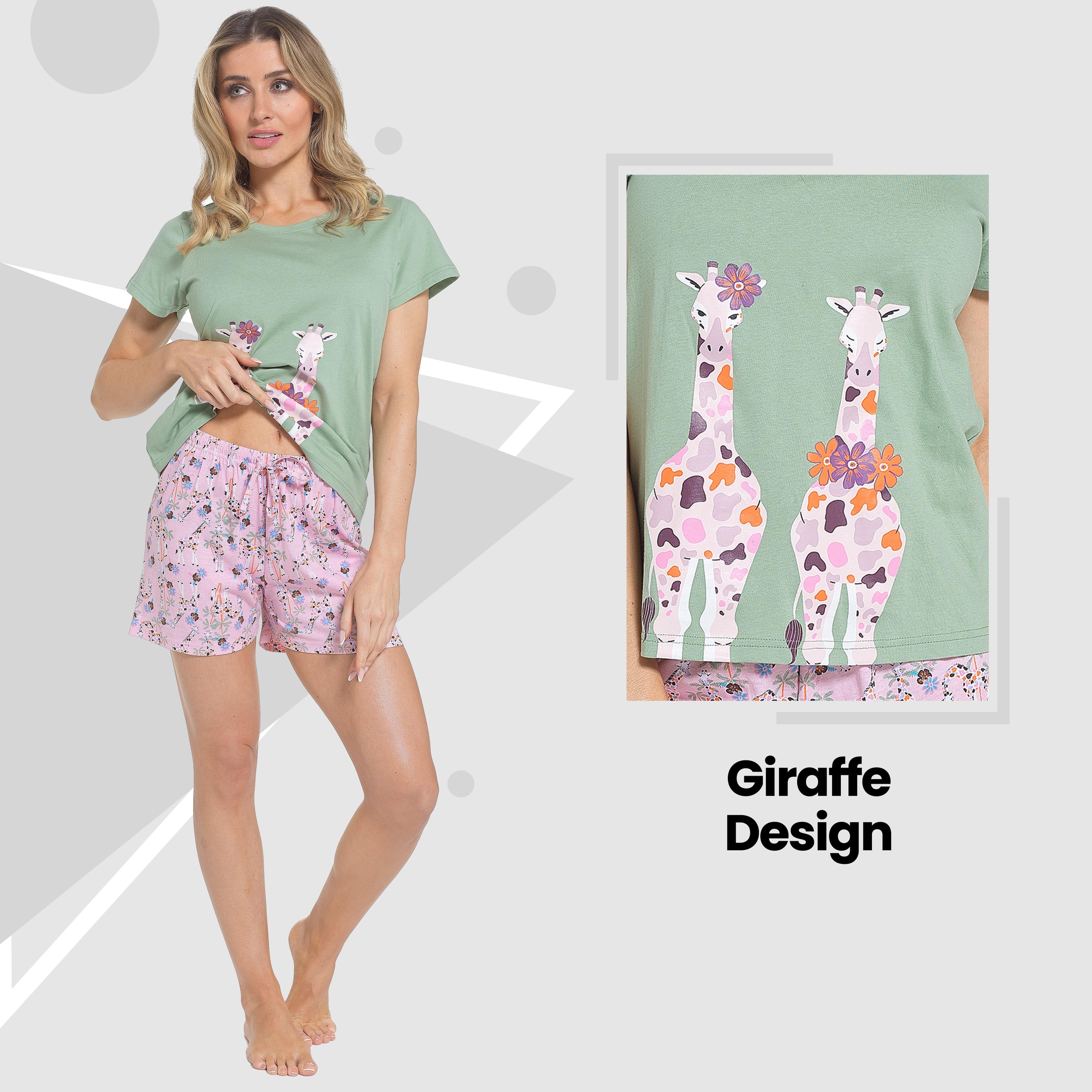 Women's Giraffe Print Pyjama Set T Shirt And Shorts Soft Cotton Loungewear