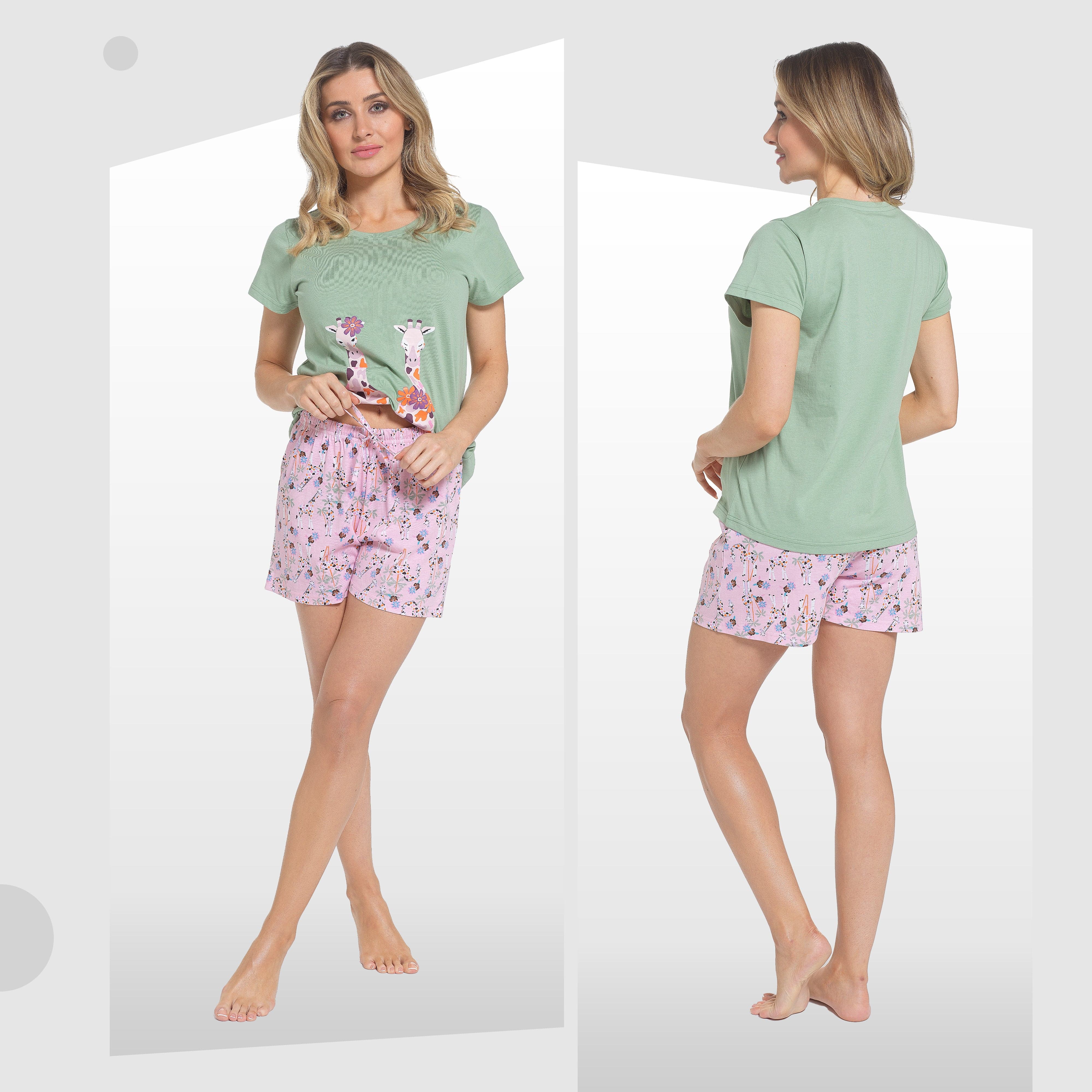 Women's Giraffe Print Pyjama Set T Shirt And Shorts Soft Cotton Loungewear