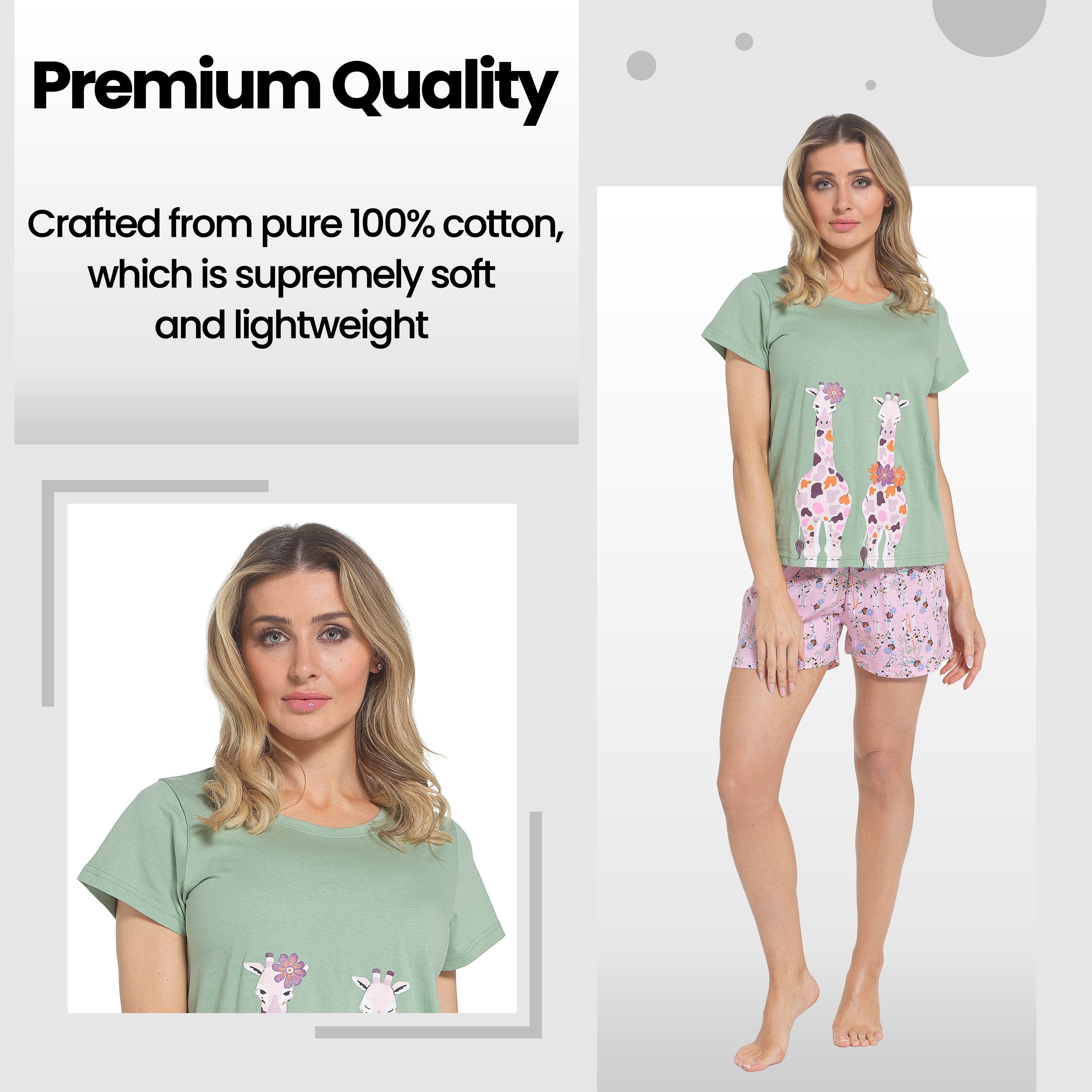 Women's Giraffe Print Pyjama Set T Shirt And Shorts Soft Cotton Loungewear