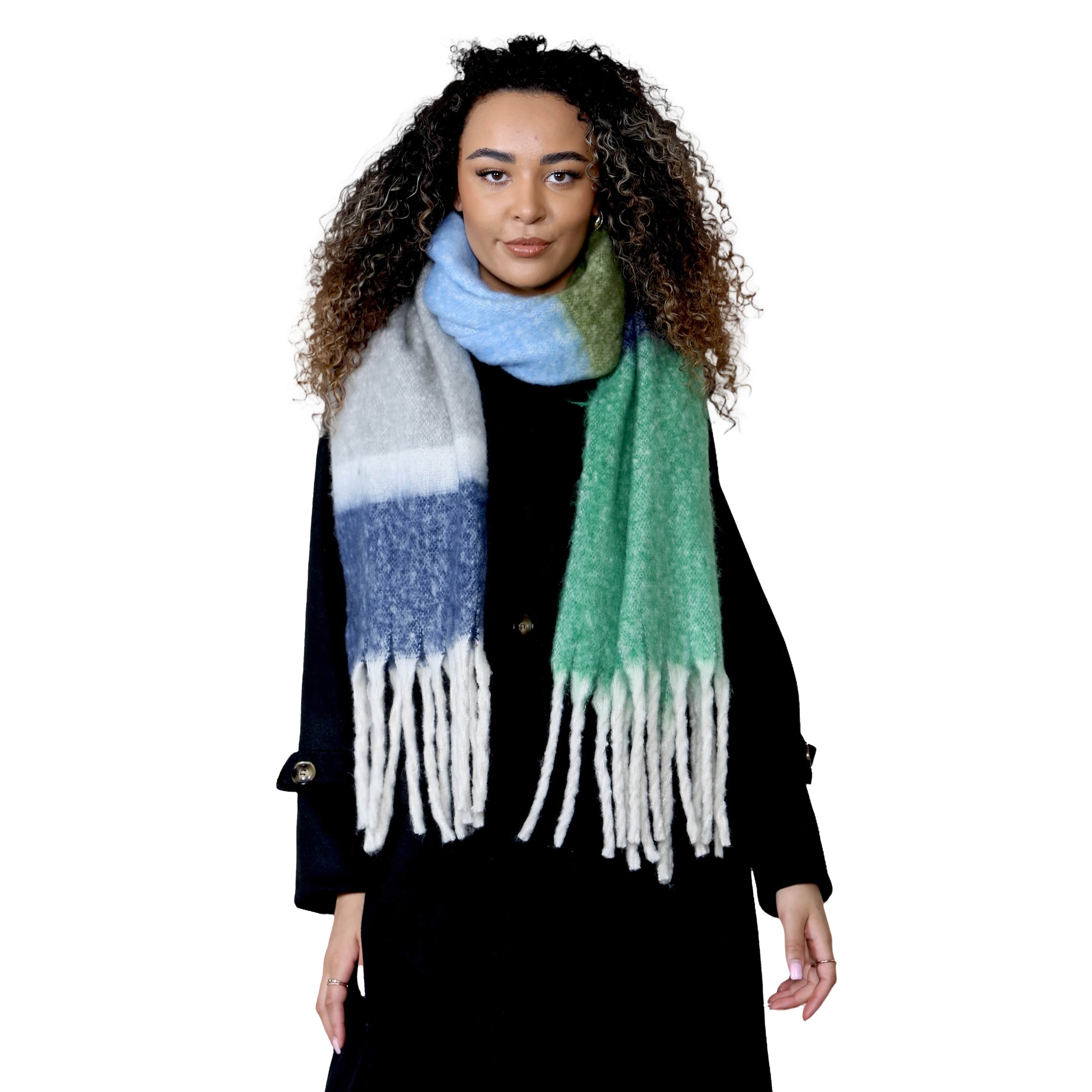 Women's Green Blue Chunky Knit Plaid Blanket Scarf Long Winter Wrap