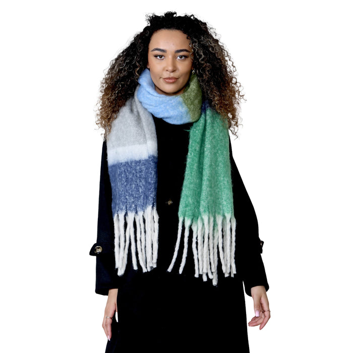 Women's Green Blue Chunky Knit Plaid Blanket Scarf Long Winter Wrap, Green/Blue Stripe