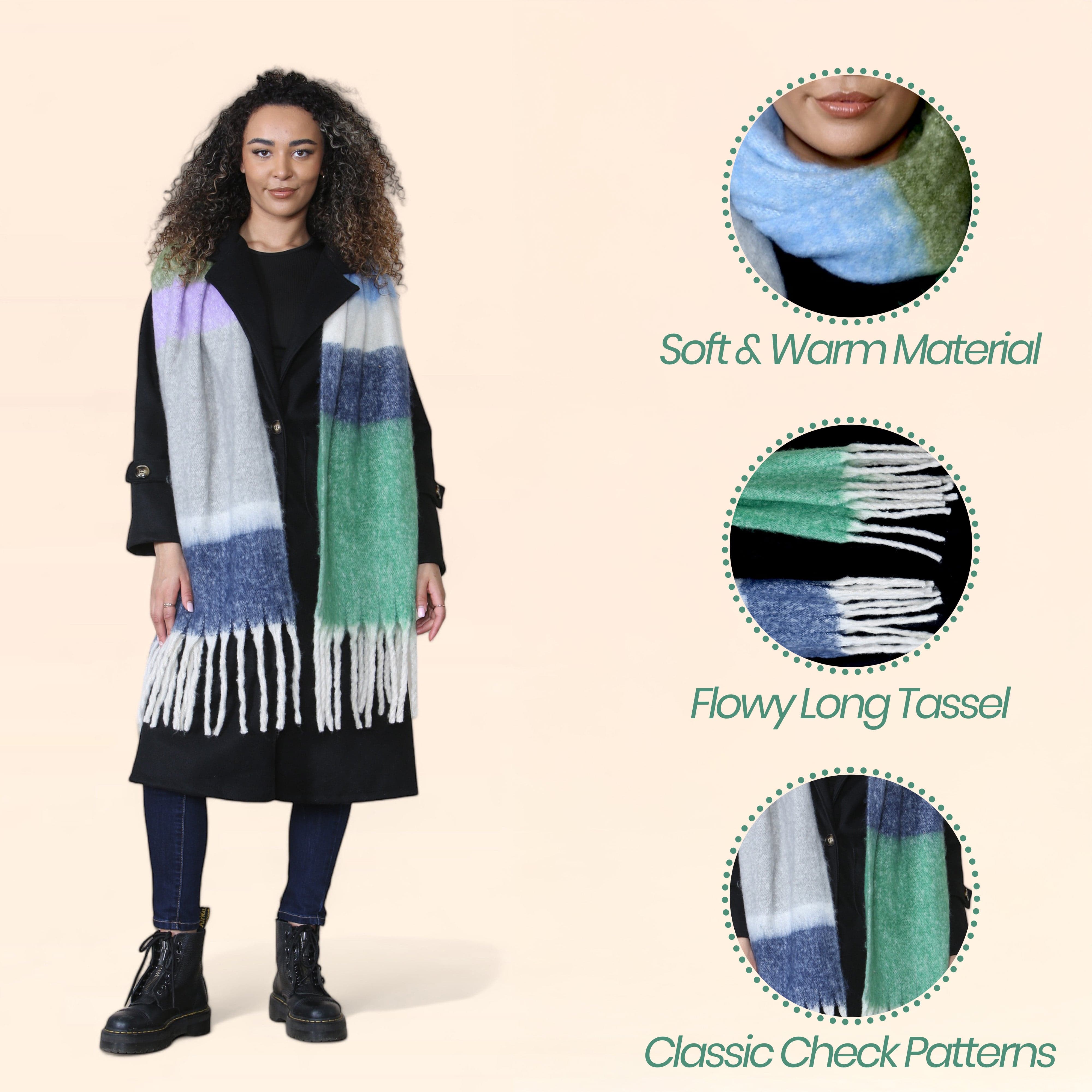 Women's Green Blue Chunky Knit Plaid Blanket Scarf Long Winter Wrap