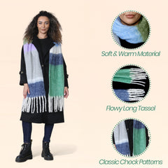 Women's Green Blue Chunky Knit Plaid Blanket Scarf Long Winter Wrap