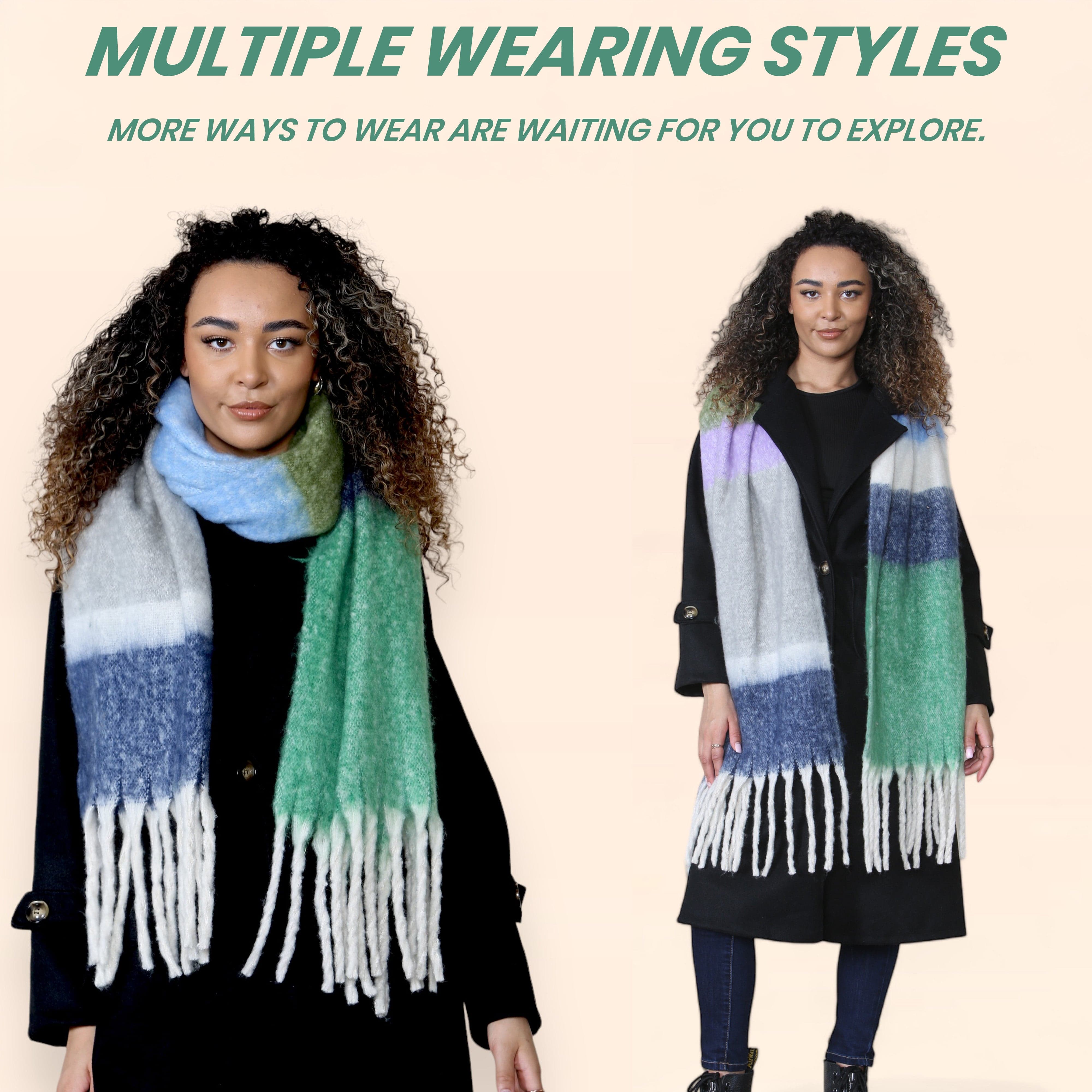 Women's Green Blue Chunky Knit Plaid Blanket Scarf Long Winter Wrap