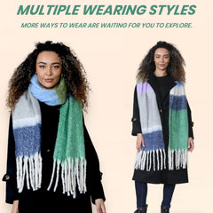 Women's Green Blue Chunky Knit Plaid Blanket Scarf Long Winter Wrap
