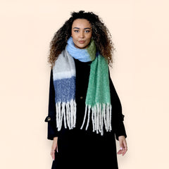 Women's Green Blue Chunky Knit Plaid Blanket Scarf Long Winter Wrap