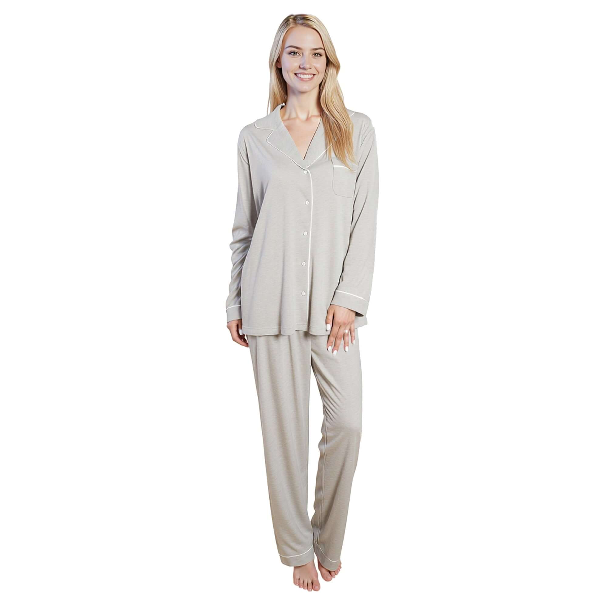 Women's Grey Pyjama Set Soft Touch Long Sleeve Button Up Top and Bottoms