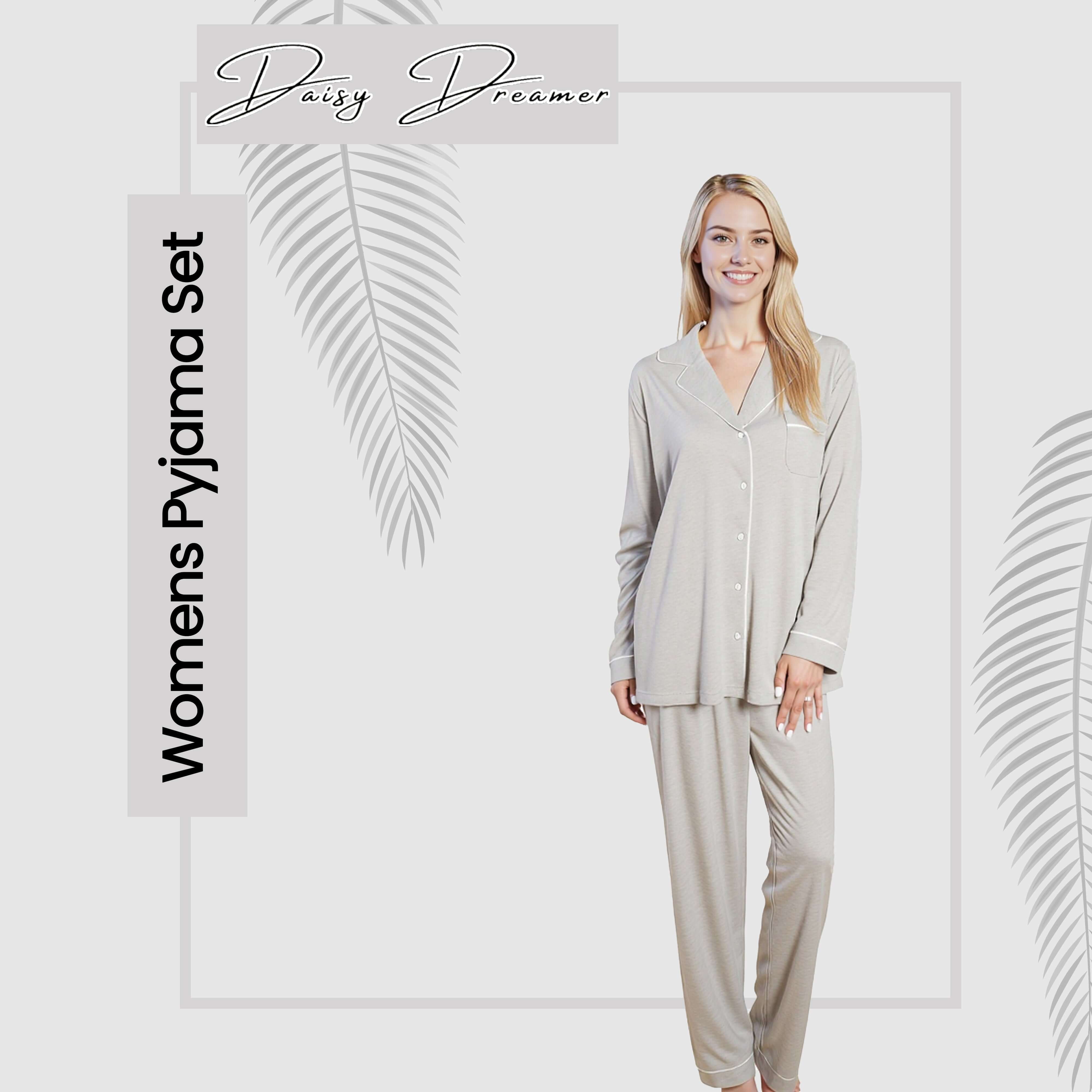 Women's Grey Pyjama Set Soft Touch Long Sleeve Button Up Top and Bottoms