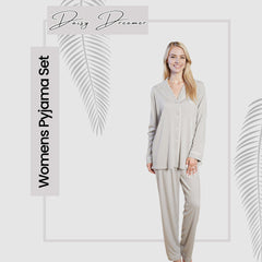Women's Grey Pyjama Set Soft Touch Long Sleeve Button Up Top and Bottoms