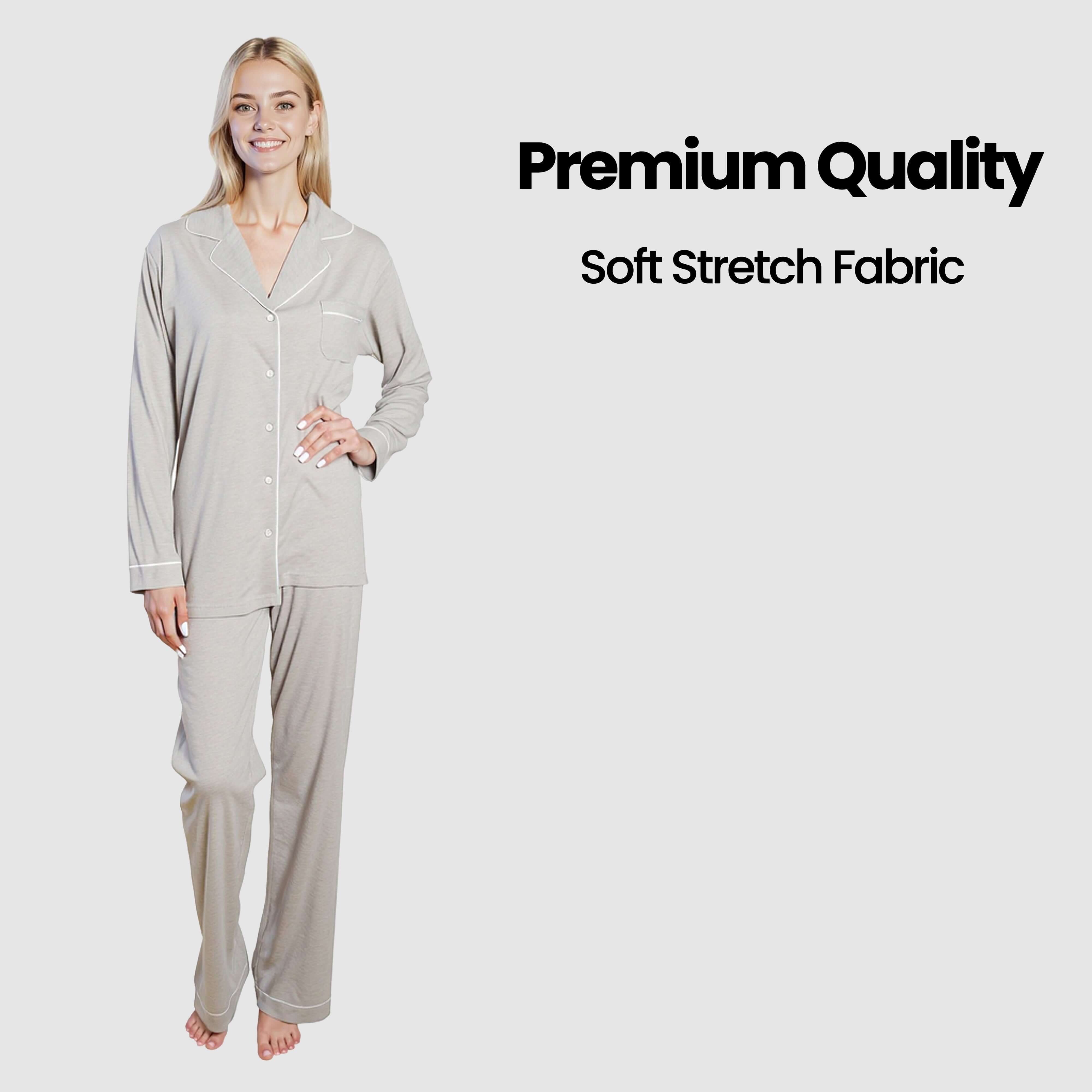Women's Grey Pyjama Set Soft Touch Long Sleeve Button Up Top and Bottoms