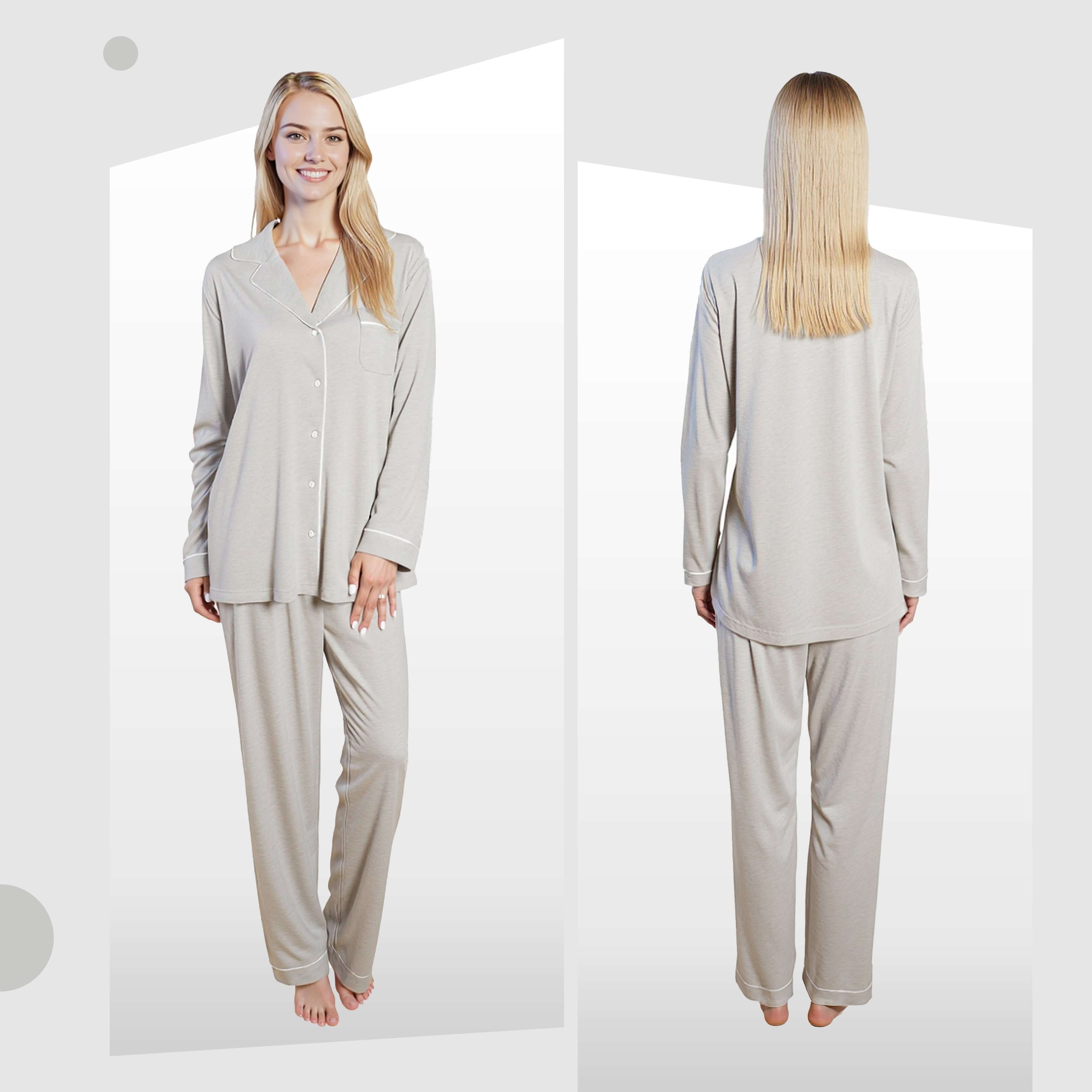 Women's Grey Pyjama Set Soft Touch Long Sleeve Button Up Top and Bottoms