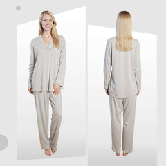 Women's Grey Pyjama Set Soft Touch Long Sleeve Button Up Top and Bottoms