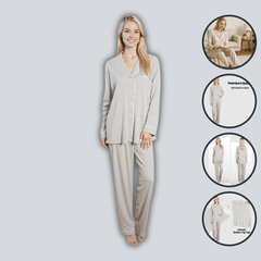 Women's Grey Pyjama Set Soft Touch Long Sleeve Button Up Top and Bottoms