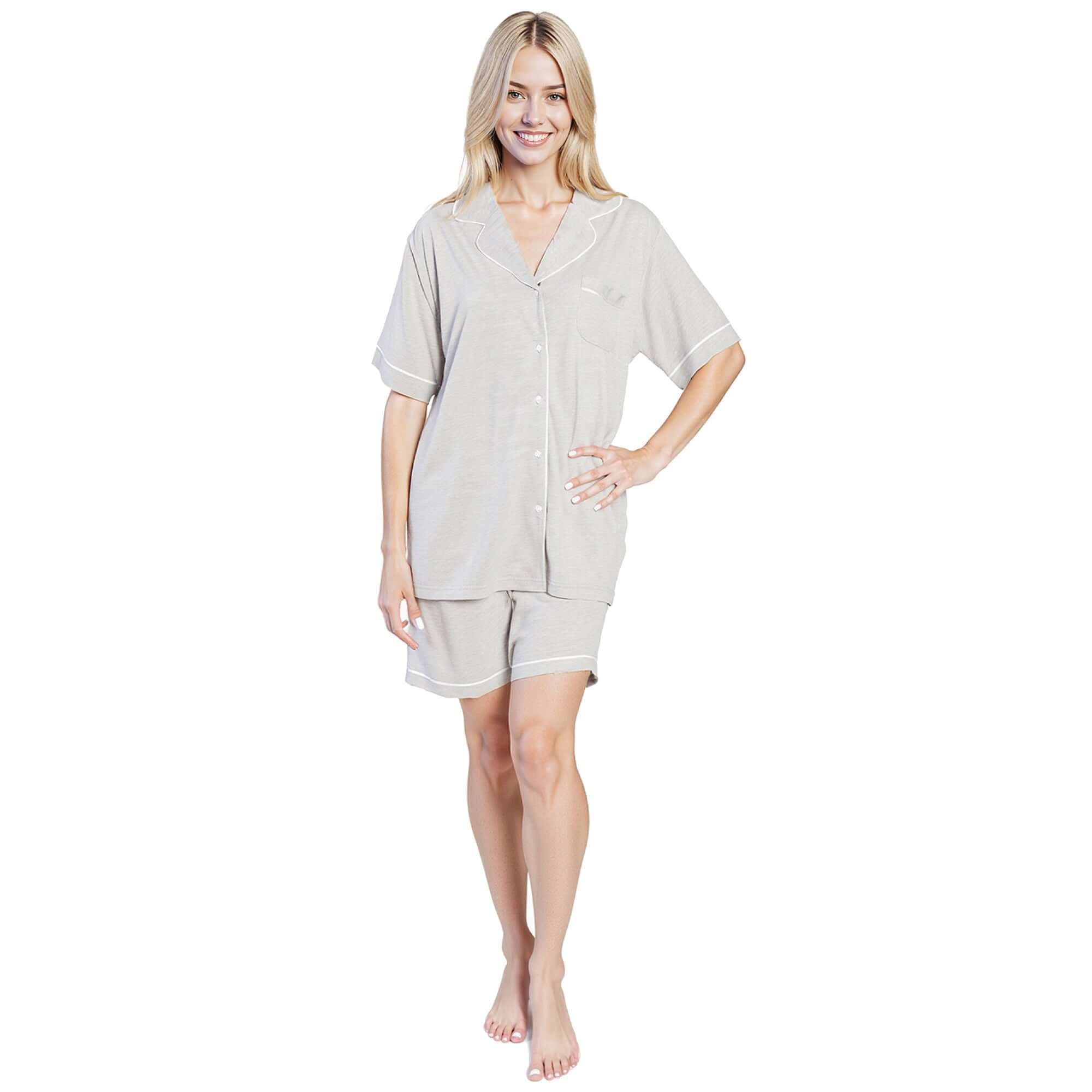 Women's Grey Short Pyjama Set With Button Up Top And Pockets Easy Care