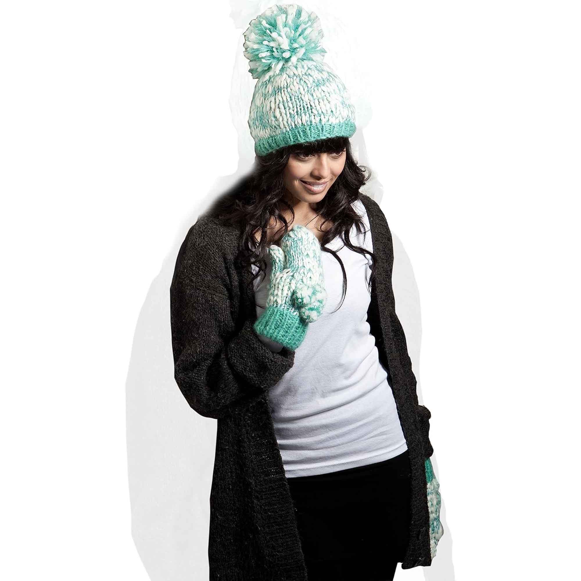 Women's Hand Knitted Daisy Pattern Winter Hat Headband Mittens Set In Red