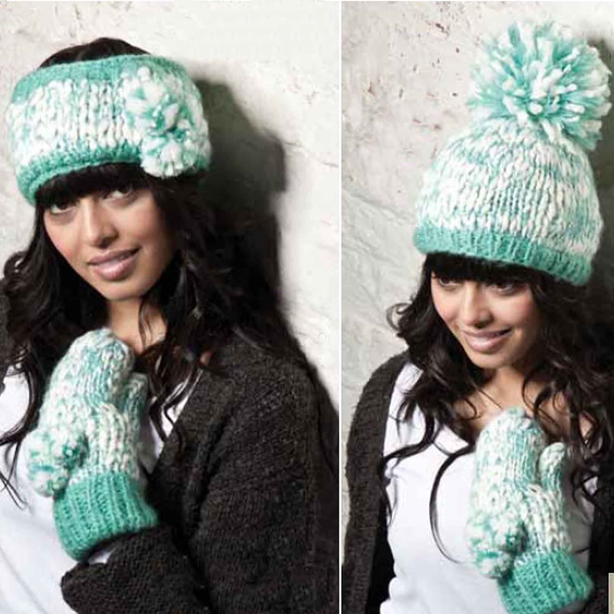 Women's Hand Knitted Daisy Pattern Winter Hat Headband Mittens Set In Red