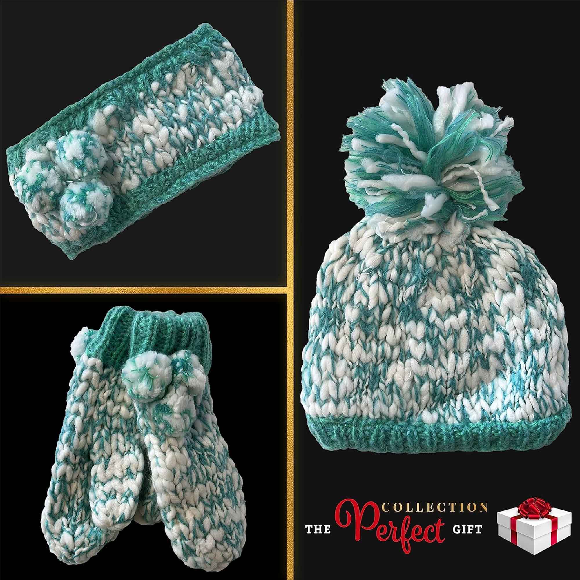 Women's Hand Knitted Daisy Pattern Winter Hat Headband Mittens Set In Red