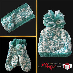 Women's Hand Knitted Daisy Pattern Winter Hat Headband Mittens Set In Red