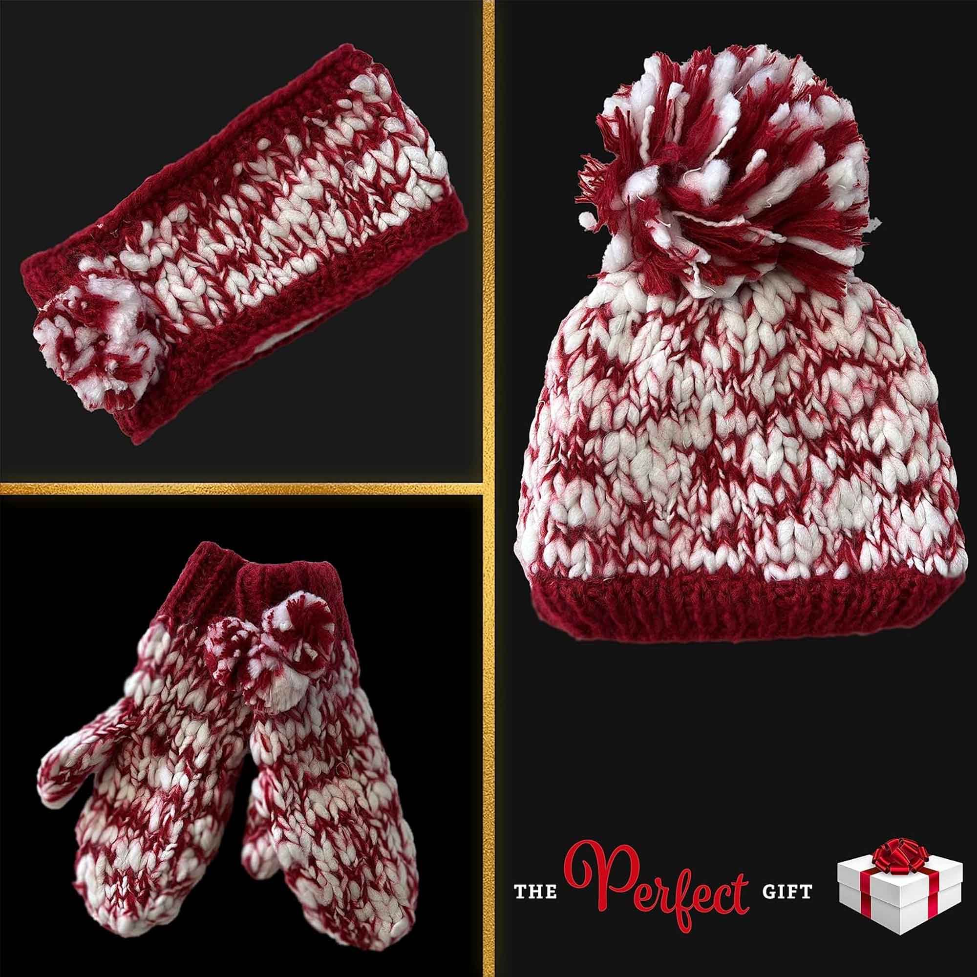 Women's Hand Knitted Daisy Pattern Winter Hat Headband Mittens Set In Red