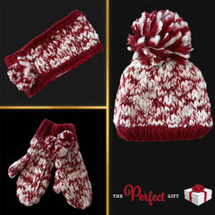 Women's Hand Knitted Daisy Pattern Winter Hat Headband Mittens Set In Red